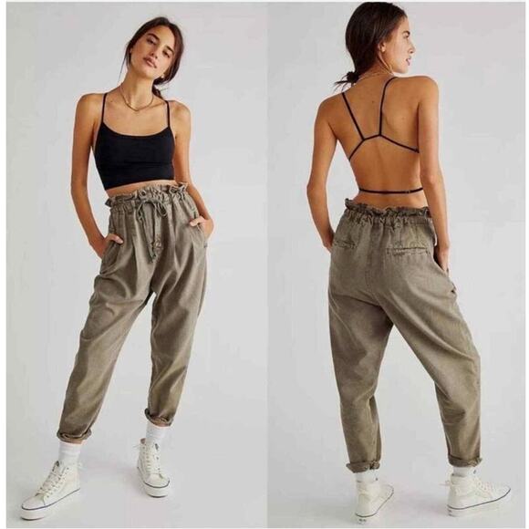 Free People Light Gray Margate Paper Bag Pleated Drawstring Pants Size SP - Picture 1 of 9